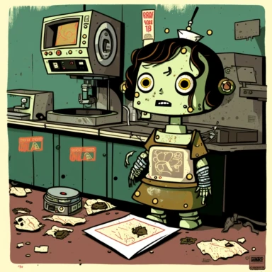 garbage pale kids format, pop surrealism digital art image of broken down, old, rusting, cartoonish, humanoid robot cooking burgers in the kitchen of a fast food restaurant. The robot is wearing tattered, McDonalds style uniform, made of human clothing. The robot is in an art style inspired by artists like Tara McPhereson, Nooligan, and Robin Eisenberg. To be used for digital clipart. Use dull, 1970's style, yellow, green, brown color scheme for the robot.