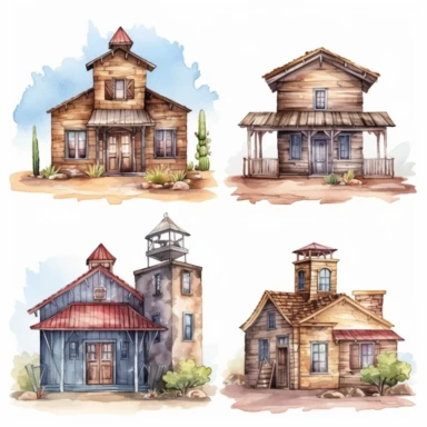 watercolor Old west style buildings, illustrations clipart set, simple, , cartoon elements ,different variants , separate elements with a margin