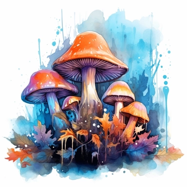 magic fantasy fungi, pastel blue, purple and orange colors, forest, autumn, watercolor, magical, mystical art, clipart