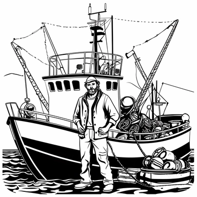 a commercial fisherman at work on a fishing boat. Black and white clipart.