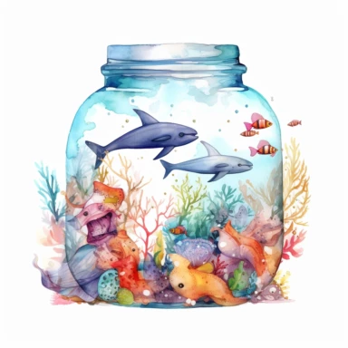 complex watercolor illustration of euphoric ocean full of marine animals, swimming around isolated in a transparent floral jar ,concept,art,8k,hd,watercolor,detailed,white backround,clipart