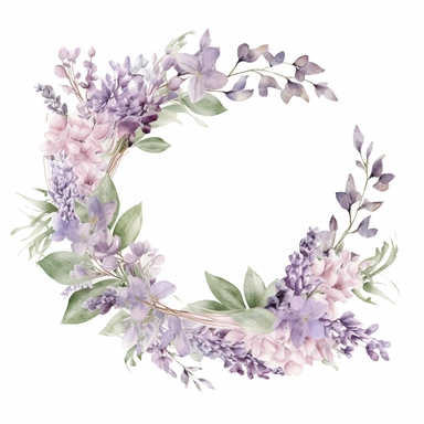 watercolor lilac and lavander wreath on white background, in the style of muted and subtle tones, intricate floral arrangements, uhd image, subtle realism, asymmetrical framing, fawncore, wedding clipart, floral accents, no background