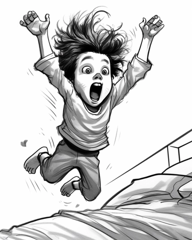 wild crazy kid in pajamas jumping on bed at bedtime pulling his hair cartoon, line drawing, vector, white background, clipart,