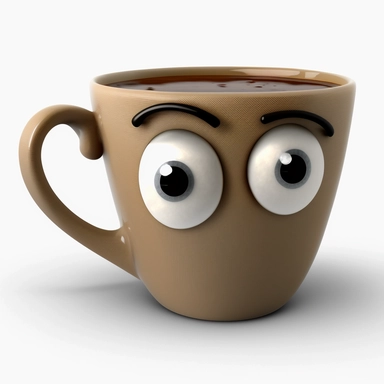 a coffee cup with eyes, positive, giving advice, represented as virtual assistance character like MS Office clippy, clipart or cartoon style with transparent background