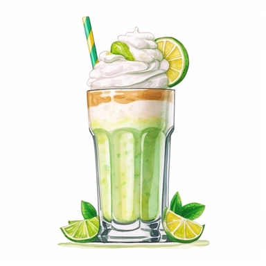 watercolor style, bright green and white milkshake in a long glass, decorated with whipped cream and a slice of lime with yellow straws clipart, very soft style, on white background
