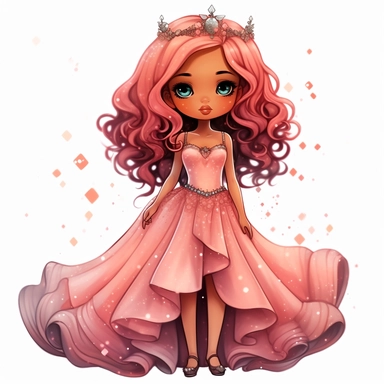 A cute detailed black girl in chibi style, Jasmine Becket - Griffith style, watercolour illustration clipart with real glitter detail, wearing a beautiful pink full length ballgown style dress, the girl has long red hair, the girl has blue eyes, full body image, with feet isolated on a white background,