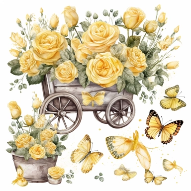 clipart set of buttercup yellow roses with small amount of glitter, jam jar filled with buttercup yellow flowers, sparkly buttercup yellow butterfly, wheelbarrow filled with buttercup yellow roses and butterflies, whimsical watercolor painting, separated with white margins between each item, isolated on white background