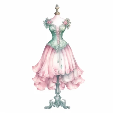 watercolor mannequin with vintage victorian dress, pink and mint, high quality, clipart, white background