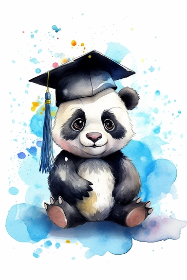 Create a watercolor clipart picture of a cute panda wearing a graduation cap. The panda should have a proud and joyful expression, with its black and white fur depicted in soft watercolor textures. The graduation cap should be adorned with a tassel and placed atop the panda's head. Surround the panda with celebratory elements such as confetti, balloons, and diplomas