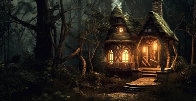cottagecore clipart, witch's hut in an enchanted forest, in the style of reimagined by industrial light and magic, mystic mechanisms, on a completely black background, illusory images, witchcore, lith printing,
