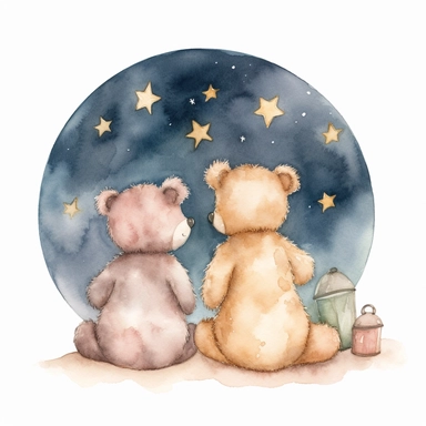 hand drawn pair of teddy bears back facing sitting together looking up at the night sky and the moon and stars, for a nursery, celestial accents, pastel shades, glamorous, watercolor, white background with margins, clipart style