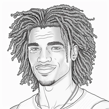 monochrome classic coloring book page of full body head to toe clipart style of smiling, handsome African American man with smooth skin no blemish, he has round detailed eyes, chiseled face with hair, hyper realistic, hyper detailed, hair is short curly dreadlocks, wearing a full African outfit, line art, 8k polished focused photography, there is no background on this image