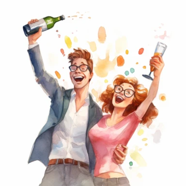 excited COUPLE, popping a bottle of champagne, toasting to their new life together, watercolor, Pixar style, Clipart on a white background
