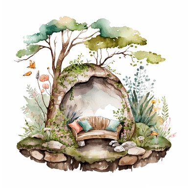 watercolor whimsical Forest nook corner Clipart, spring woodlands, with seating and rocks, white background, no text