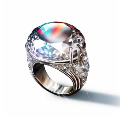 Craft an intriguing clipart of a mythical ring against a pristine white background. The ring should possess intricate designs and be encrusted with glistening gemstones. Let it emanate a soft, magical glow when worn, symbolizing the wearer's connection to mystical forces.
