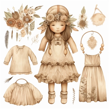 Watercolor boho Baby girl dresses clipart, beige color