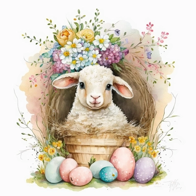 an adorable watercolour easter baby lamb with big eyes surrounded by flowers and easter eggs clipart, in a cozy and rustic barn. The lamb is sitting on a bed of hay, with baskets of colorful easter eggs and bouquets of wildflowers nearby. The atmosphere is warm and inviting, with a touch of nostalgia. Artwork, painted with watercolors and ink