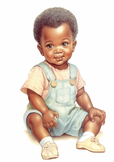 a cute retro vintage African infant baby boy. Color pencil sketch, soft baby colors, on a white background for clipart.