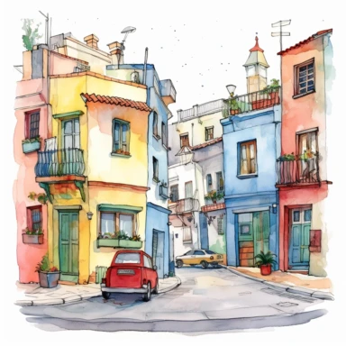 Very cute and Whimsical street of Buenos Aires, cute houses, folkloristic La Boca neighborhood, beautiful, Watercolored illustration, clipart, white background