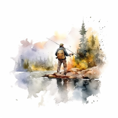 one illustration of fly fishing Watercolor clipart on a white background, in the style of hazy landscapes, nature-inspired motifs, free brushwork, fantasy settings, decaying landscapes, no watermark, text, 300 DPI , typography, shapes do not stick together, no text in the picture, on a white background