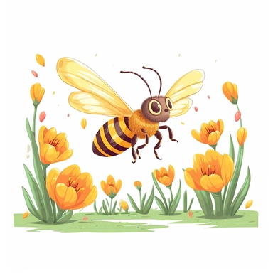 cute cartoon small honey bee flying in spring garden, vector clipart, saturated yellow colors, isolated on white background, uhd, sharp detail