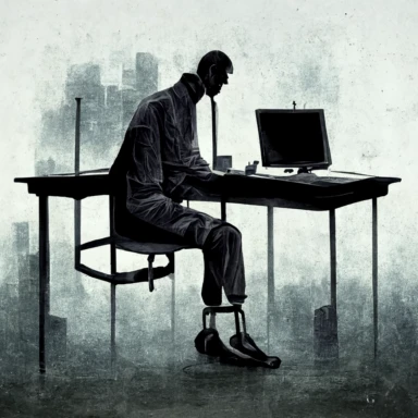 man with leg chained to a desk in a gloomy office space, clipart, dark, work, sad, jail