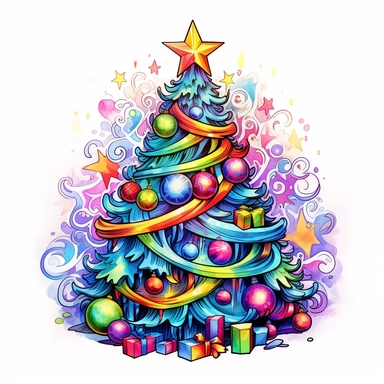 Christmas Tree, style by Lisa Frank, watercolor, smooth gradients, black contour outline, ultra detailed, clipart elements, vibrant colors, solid white background, super clear, high quality