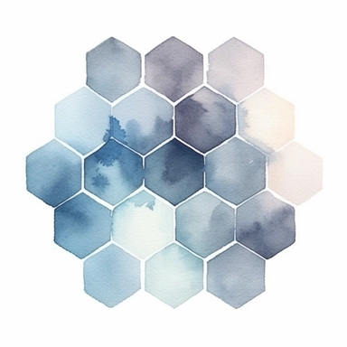 watercolor style, hexagon hive grid, semi-transparent splash in very faded dusty blue hues, etheral, very light, barely visible colors, almost transparent, clipart isolated on white background, 4K