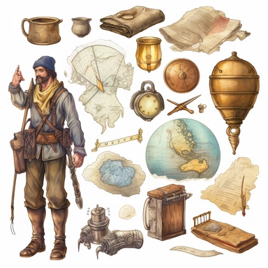 Design a set of adventurous clipart images, depicting explorers, treasure hunters, and adventurers in various exciting scenarios. Include elements like maps, compasses, binoculars, and backpacks to set the stage for thrilling journeys.