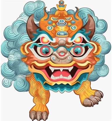lion face of animal chinese lion animal lions drawing, chinese lion png clipart, in the style of gary baseman, dark yellow and teal, collaged symbolism, indonesian art, polychrome sculpture, light brown and sky-blue, cartoon mis-en-scene