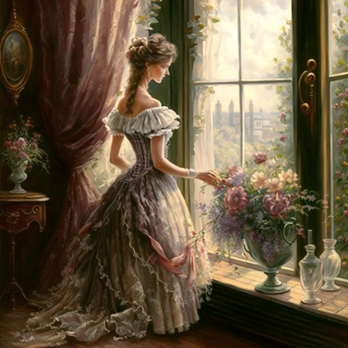 beautiful lady, very detailed, wearing beautiful flowing dress, standing by large victorian window, looking out the window, beautiful romantic bouquet of flowers, beautiful crystal ornate vase, sitting on table with decorative tablecloth, infront of large victorian window with beautiful flowing curtaings, soft colors, crisp colors, ribbon, very detailed, fantasy, romantic, clipart style