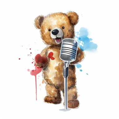 a watercolor of a realistic teddy bear, with a microphone, rock band style, vector free clipart illustration, in the style of unreal engine 5, 32k uhd, detailed features, white background