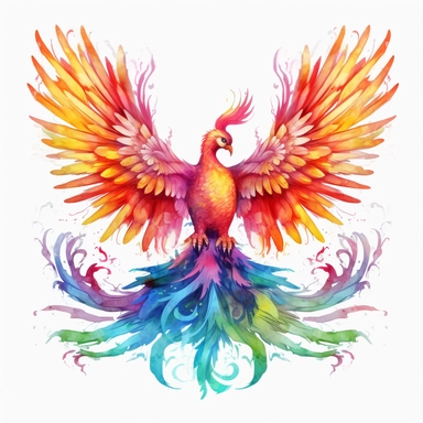 VERY COLOURFUL, fantastic fantasy PHOENIX, rising from the ashes, wings fully extended, fully visible, no image cropping, clean borders, in flight, wings made out of bright colourful flames and a long COLOURFUL ornate tail, super clear, WATERCOLOR, Watercolor Phoenix Sublimation PNG, Phoenix Digital Clipart, 16K, hyper realistic watercolor, hyper detailed, , PLAIN WHITE BACKGROUND, PNG, - - AR 8:12