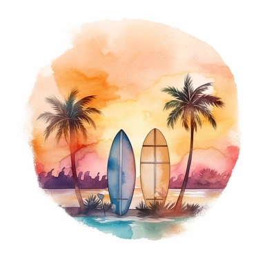 watercolour tropical beach scene sunset framed with a couple of surf boards stuck in the sand, png image that can be used as clipart