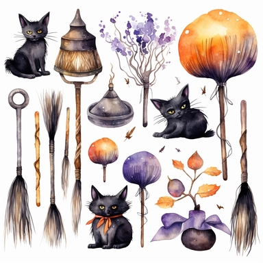 beautiful loose watercolor, halloween clipart, a witch's broom , clipart set, simple, halloween colors , cartoon elements, different variants , candy , black cat ,separate elements with a margin, on white backgound