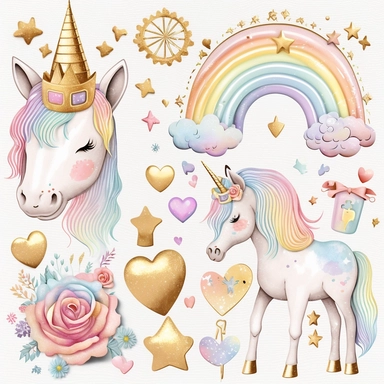 rainbow pastel unicorn, princess castle, rainbow, gold star, pink star, hearts, flowers, roses, plastercine, soft watercolour light, clipart svg white background