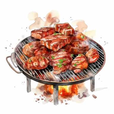 watercolour Barbecue with meat, clipart on white background, no watermark, highly detailed, professional color gradation, clean sharpness