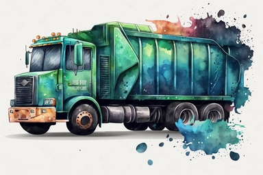 watercolor garbage truck clipart, hd, on white background, spaced out,