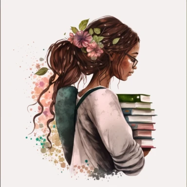 Watercolor effect, black woman with long braids holding stack of books in hand, looking to the other side, side view, hair covering her face, wearing jeans and a blouse, covered with flowers, pink, brown, and green fabric texture with watercolor effects, flowers, butterflies, clipart png 4k, 8k, Cozy pink, brown, and green