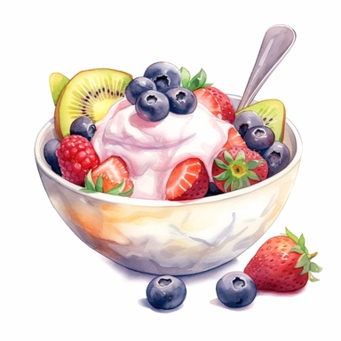 Fruit salad, yogurt and a spoon, Watercolor, cottagecore, pastels, clipart, beautiful, colourfull, png transparent white background, high resolution, no caption q4 s2
