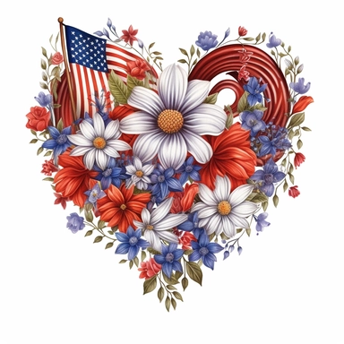 realistic illustration, heart clipart with floral decoration, with colors of the united states flag, july 24th, high definition embedded details, white background,