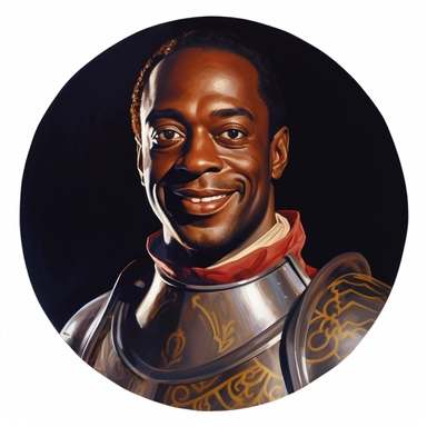 Arthur Sarnoff's character portrait circular tondo depicting a dark-skinned uniformed knight, Mike Allred Josh Kirby, clipart illustration, circular solid background circular border