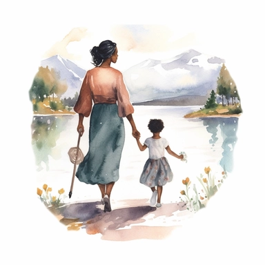 Watercolour illustration, A beautifu black Mom and Me Watercolor, Clipart, High Res, Mother's Day, Mother's Love, waterpaint, fresh colors, happy, white backgroundm, simplified Art Nouveau, walking toward to lake