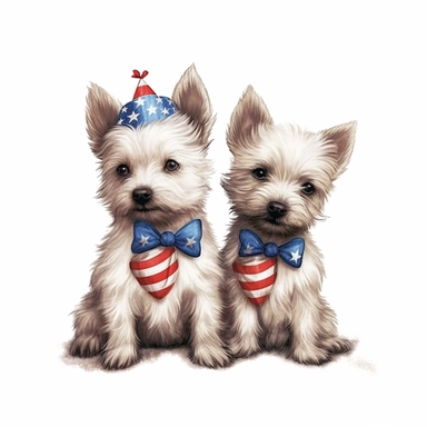 digital clipart, solid white background, two new born puppy Cairn Terriers in the theme of 4th July, white background