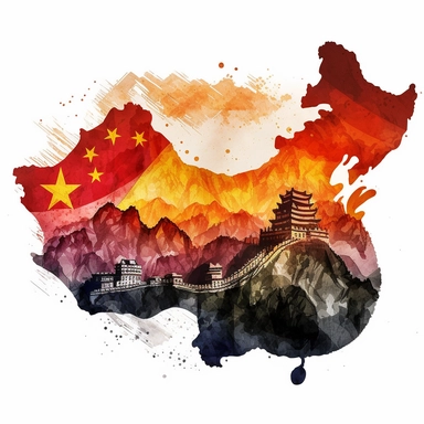 a clipart of a super detailed China country shape with a detailed watercolor Great Wall of China in Beijing background painted exactly in detail with Chinese Flag happy colors, with a beautiful sunrise, v4 ar 2:3