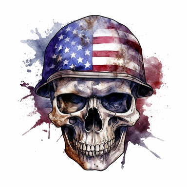watercolour skull with a military steel helmet painting american flag, in the style of digital mixed media, splatter paintings, full body, tattoo, parodic, sentimental realism, ferrania p30, clipart