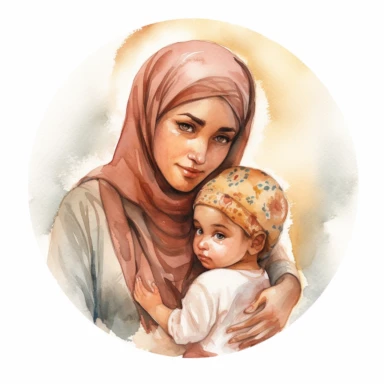 A portrait of a Muslim mother with her hijab carrying her child in her arms in a henne medallion watercolor clipart, realistic,high details, high quality