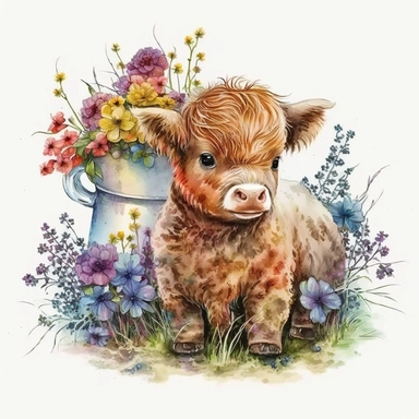 A captivating watercolor clipart: a lively highland calf dressed in adorable clothes, exploring a garden of blooming flowers. Playful and charming. HD quality. Resolution: