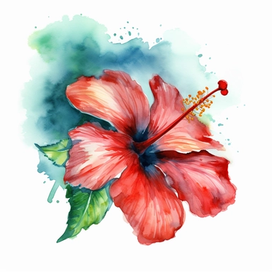 A watercolor painting of a red hibiscus flower with a blue and green background, Watercolor clipart, isolated on white background