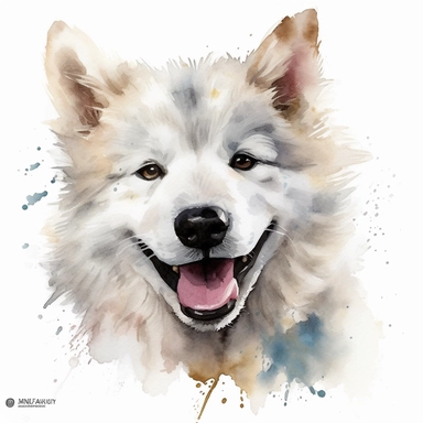 cute Canadian Eskimo Dog dog portrait, full face, centered shot, side shot, dynamically posed, in action, playful mood, happy mood, playing mood, cute face, adorable smile, childlike eyes, clean watercolor illustration, white background, nursery baby imagery, painting, detailed, 8k, PNG, clipart,